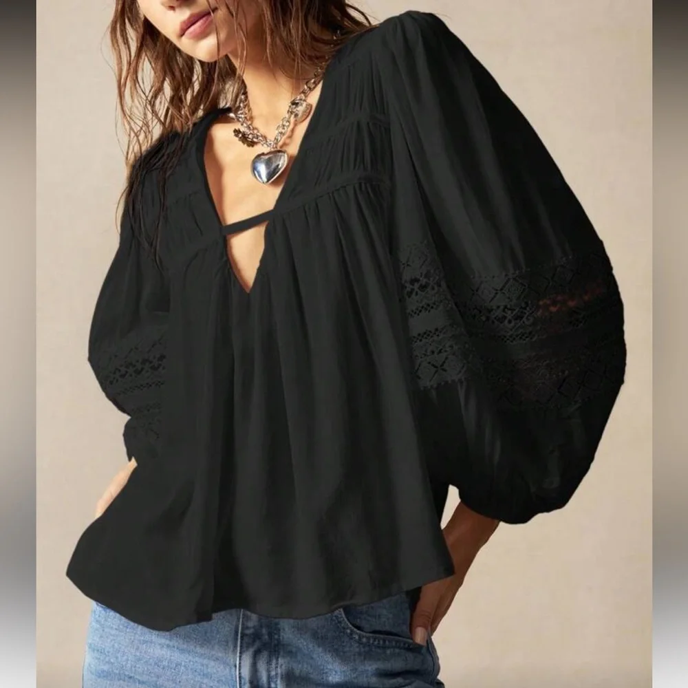 Chic Black Blouse with Lace Sleeves